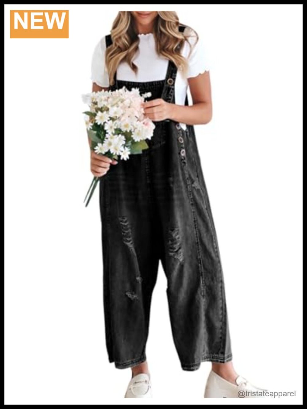 Womens Denim Overalls Wide Leg Loose Fit Distressed Bib Jean